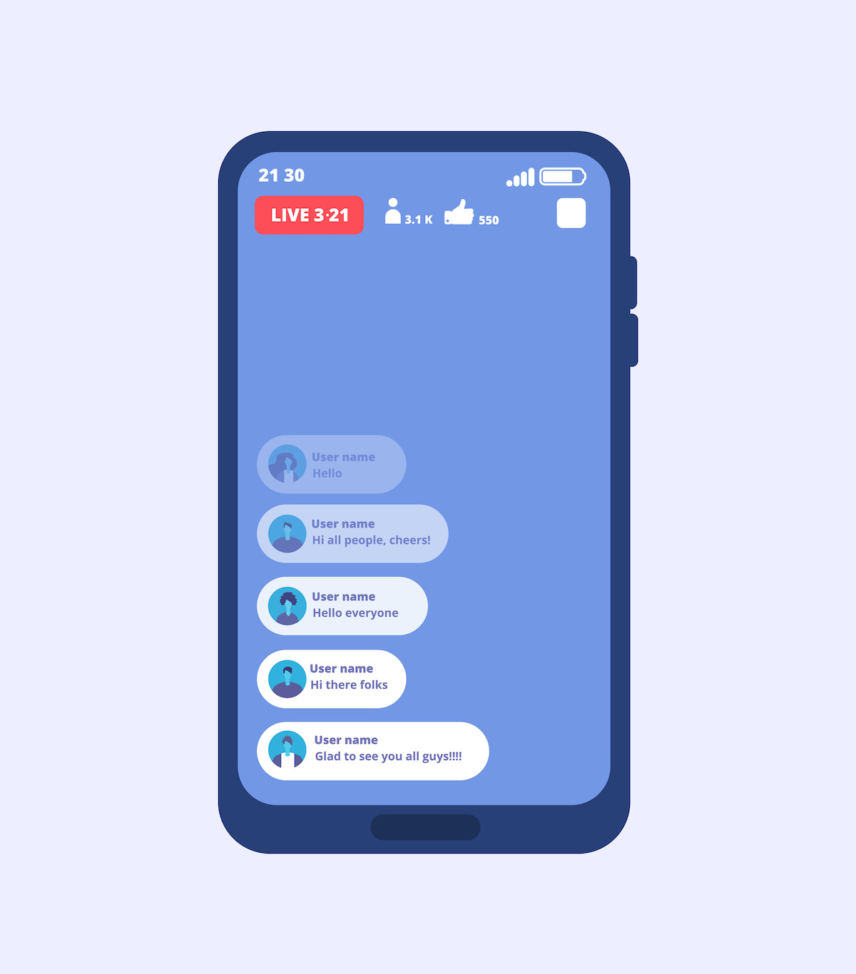 Smartphone live video stream. Streaming videos on cellphone with ui inspired by facebook. Vector template video broadcast, play multimedia stream, online smartphone stream illustration; blog: Facebook watch