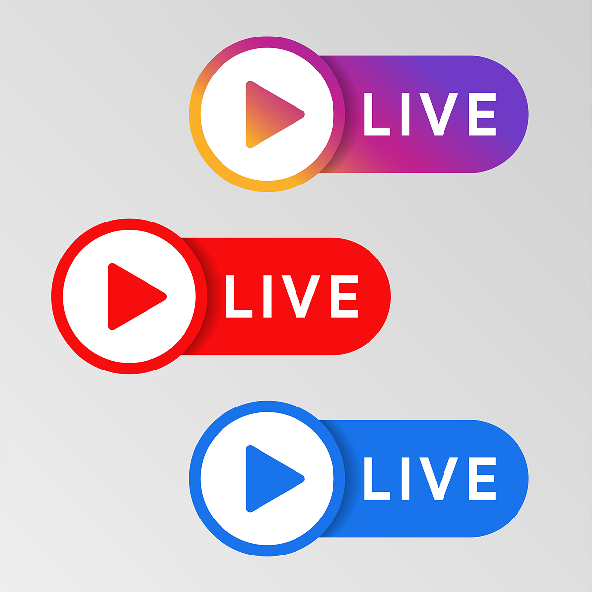 Social media live badge. Mobile app streaming and broadcasting icon. Red. blue and purple color sign set. Vlog airing sticker; blog: why your business should be going live