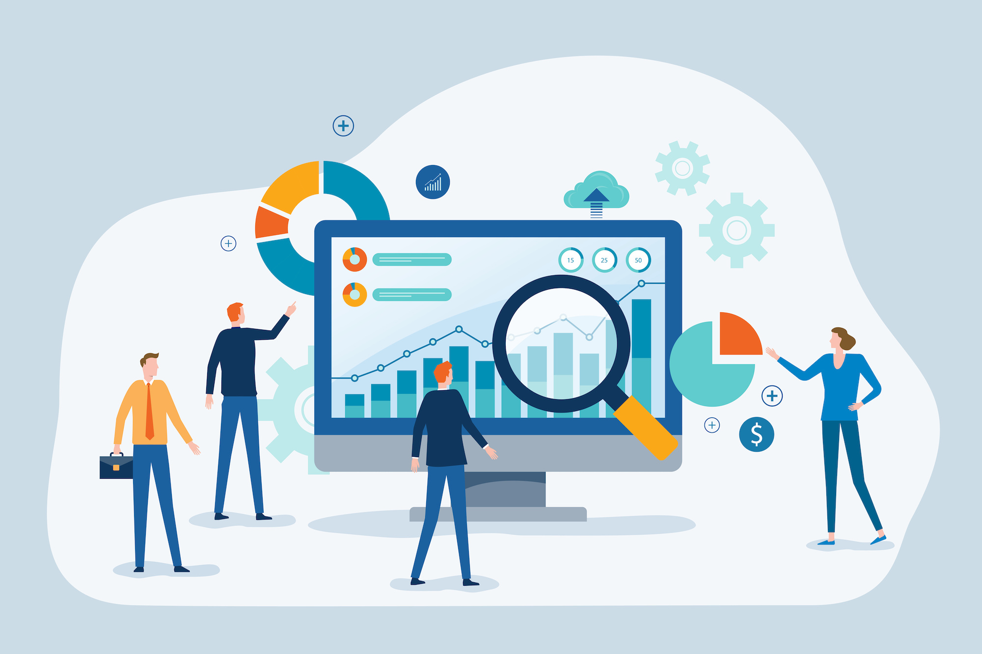 business people team analytics Data and research on web monitoring report dashboard monitor concept and finance investment graph report performance results with business meeting working concept; blog: Google Ads Reporting: 14 Terms You Need to Know