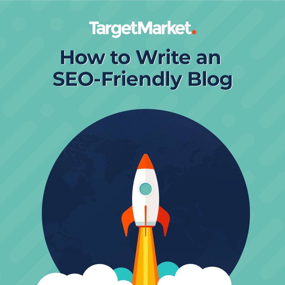 graphic illustration with rocket launching and blog title: how to write an seo-friendly blog