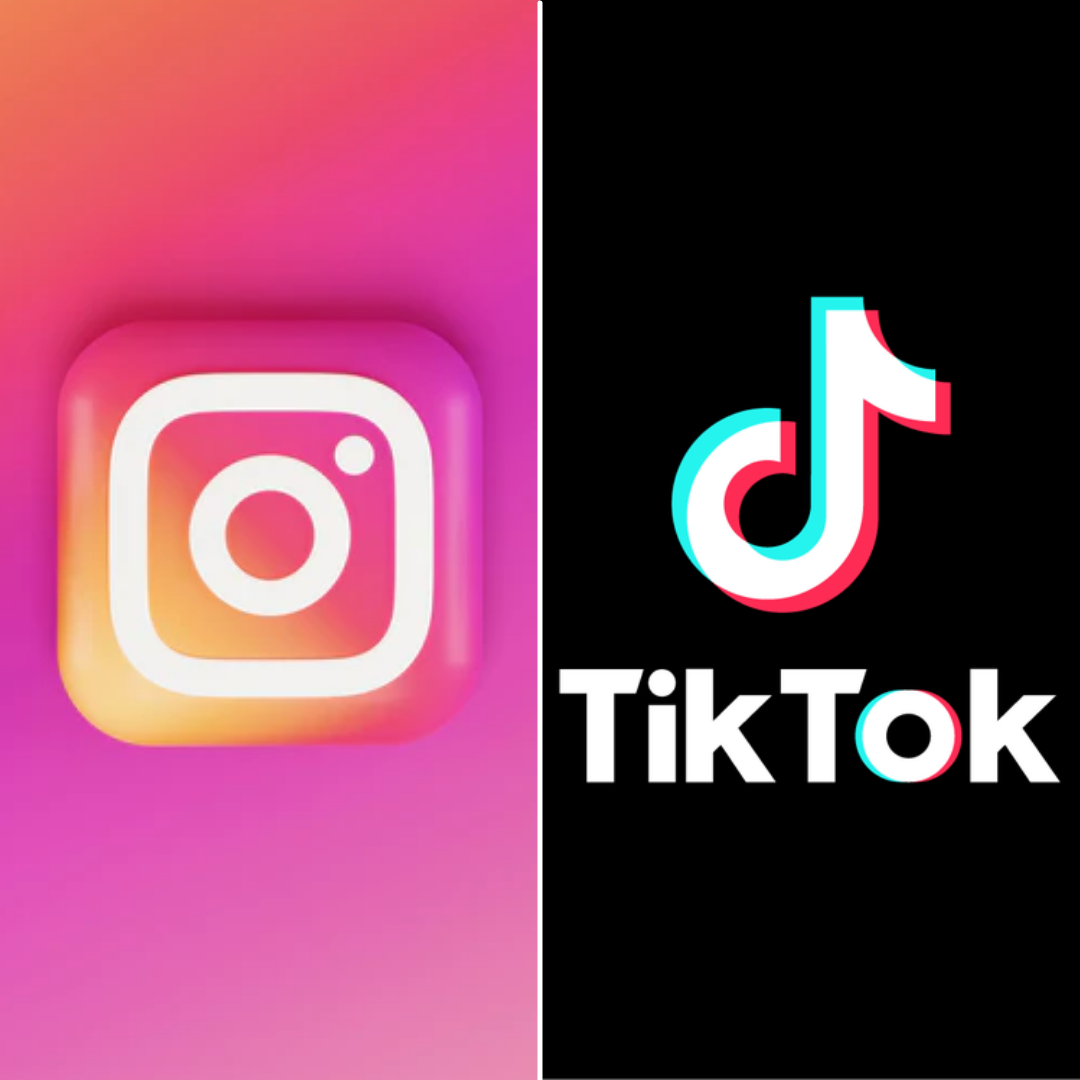 split image of instagram logo on the left and tiktok logo on the right