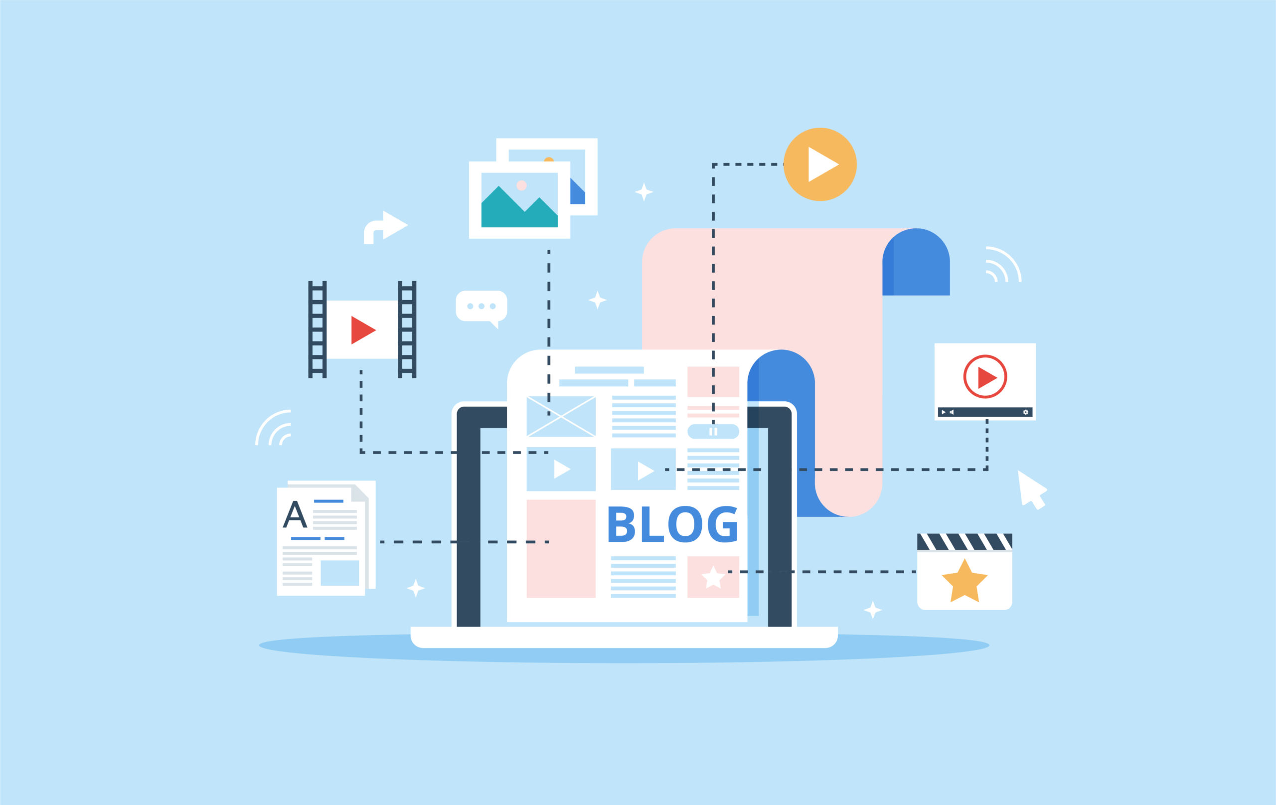 Blogging, Content Management and SMM concept in flat design. The blog page fill out with content. Articles and media materials uploading process. Creating, marketing and sharing of digital - vector illustration; blog: tips for repurposing content
