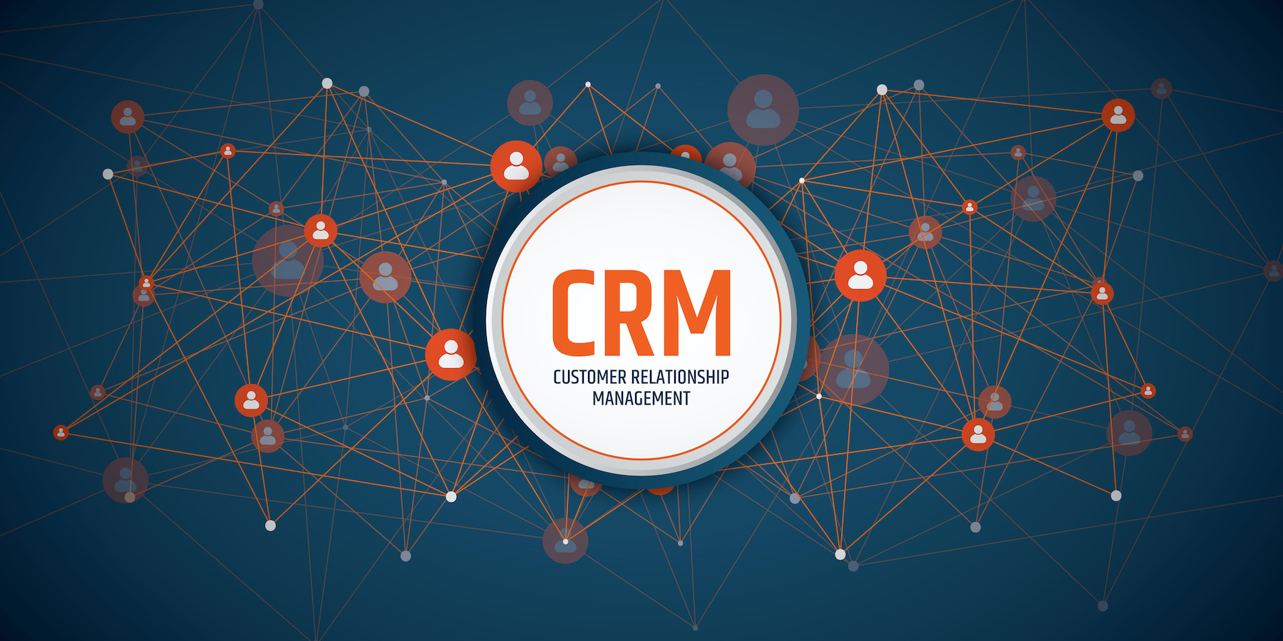client relationship concept graphic CRM in white circle with orange connections to network of orange and white person icons on dark blue background; blog: 5 Tips for Building Strong Client Relationships