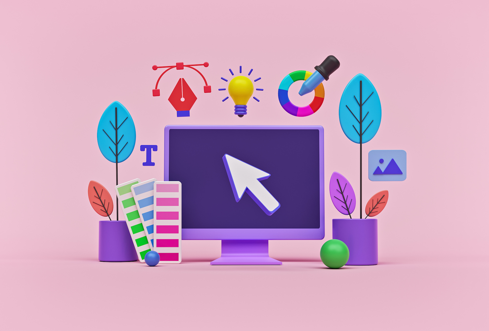 concept of modern graphic design process. icons of graphic designer items and tools. 3d rendering; blog: Working With a Project Manager Branding Edition