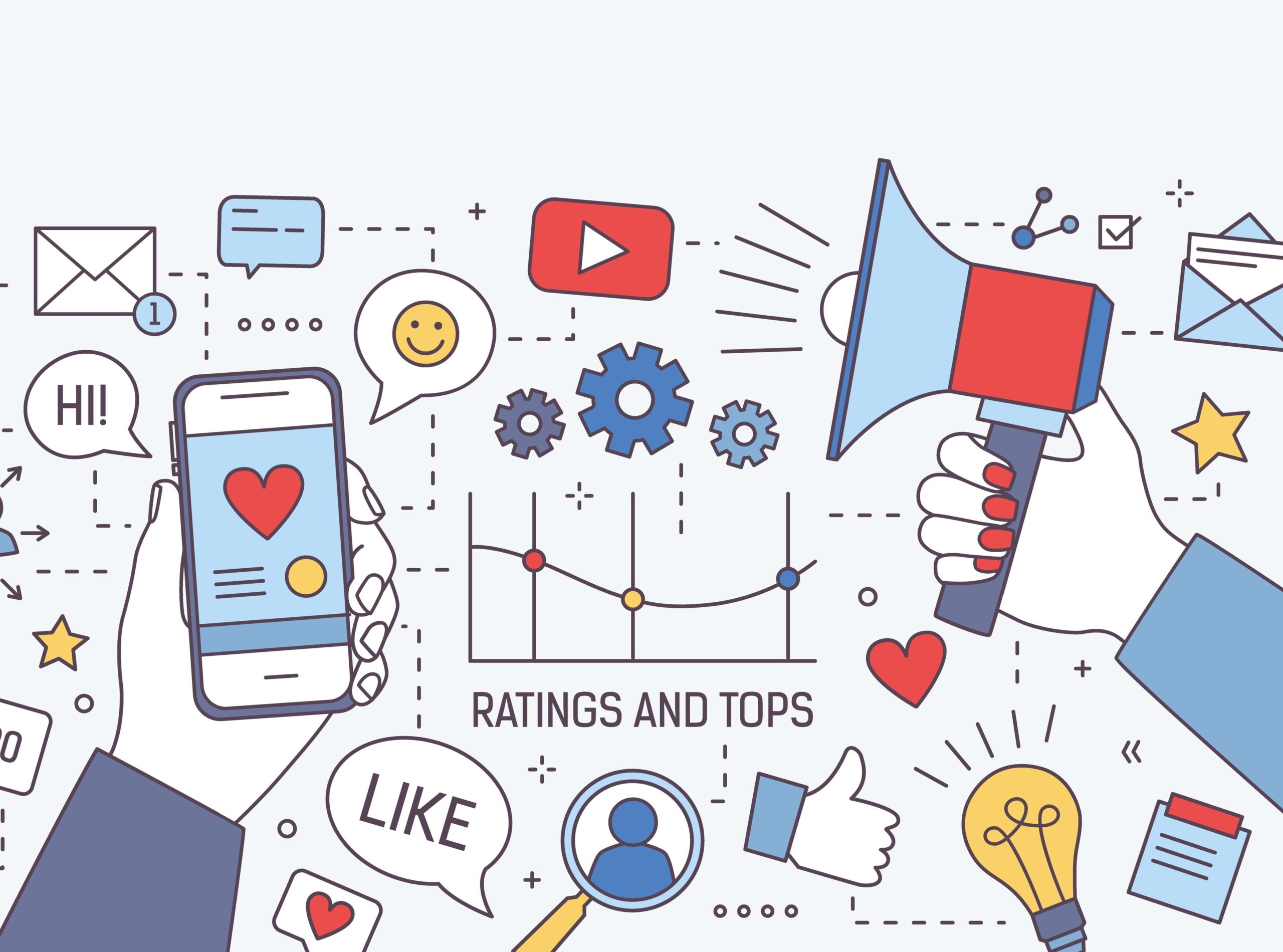 Banner with hands holding magnet, megaphone and smartphone with heart on screen surrounded by symbols and charts. Social media marketing, seo optimization. Modern vector illustrationf; blog: Social Media Best Practices for 2022